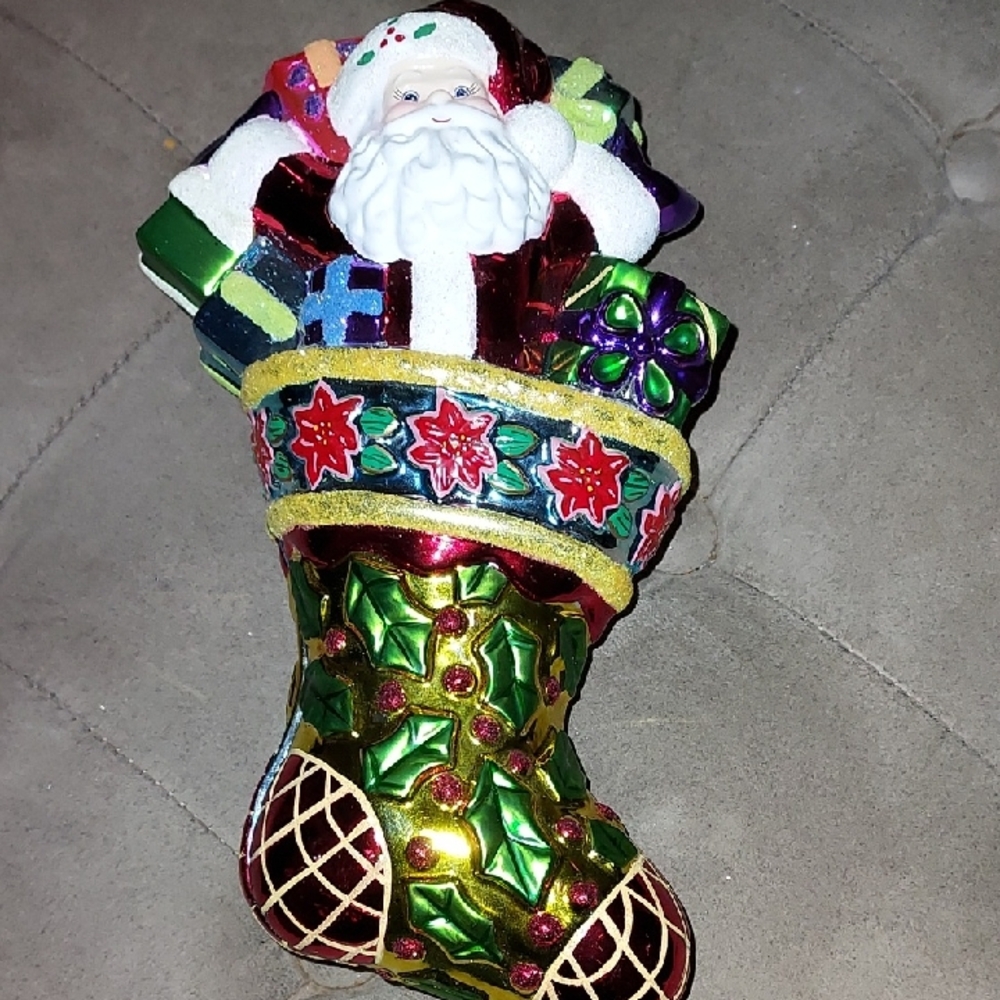 Vintage 2004 Christopher Radko Holly Sock Surprise 9" Ceramic Trinket Candy Box.